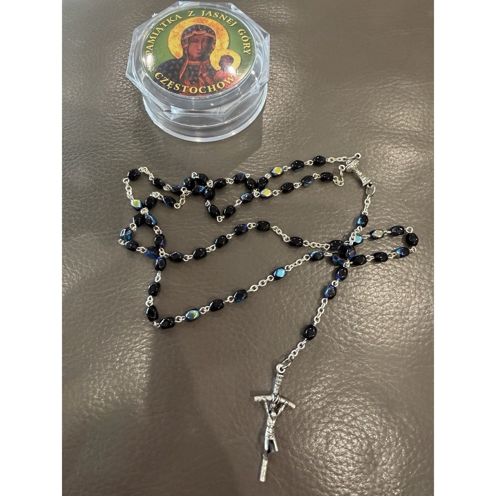 VINTAGE BLUE CRYSTAL ROSARY NECKLACE Beautiful Great Quality
